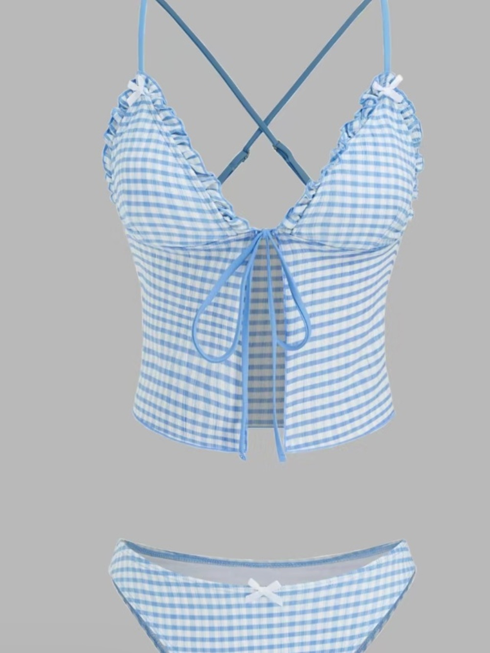 Cider Light Blue Gingham Tie-Front Bikini Set